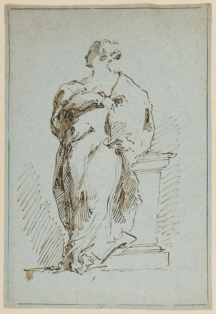 A Standing Draped Female Figure Leaning on a Pedestal